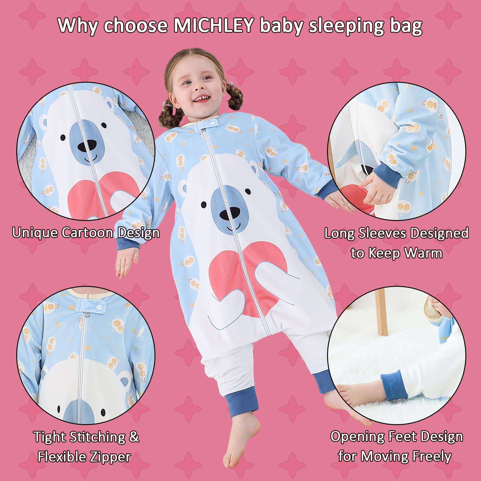 Bear Baby Sleeping Bag Sack Long Sleeve with Feet Swaddle Wearable Blanket for Boys Girls